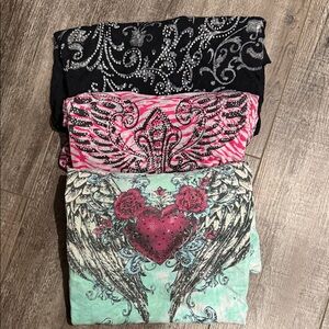Three Graphic Tees with Rhinestone Details